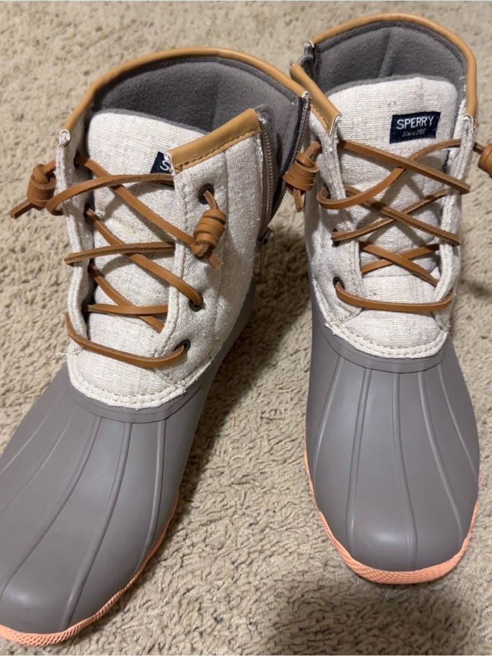 Sperry Gray and Tan Waterproof Duck Boots • size 6M